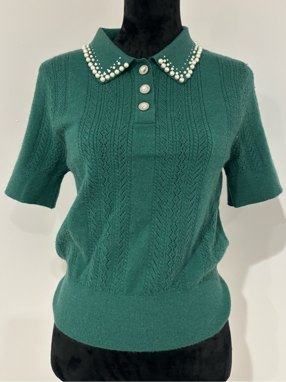 Nanette Lepore Emerald Green Pearl-Collar Short Sleeve Polo Top